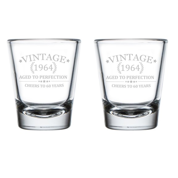 Set of 2 Shot Glasses Glass Cheers To 60 Years Vintage 1964 60th Birthday