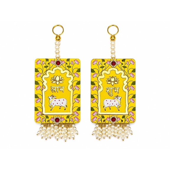Set of 2 Shubh Labh Door Hanging, Yellow Floral Pichwai Art