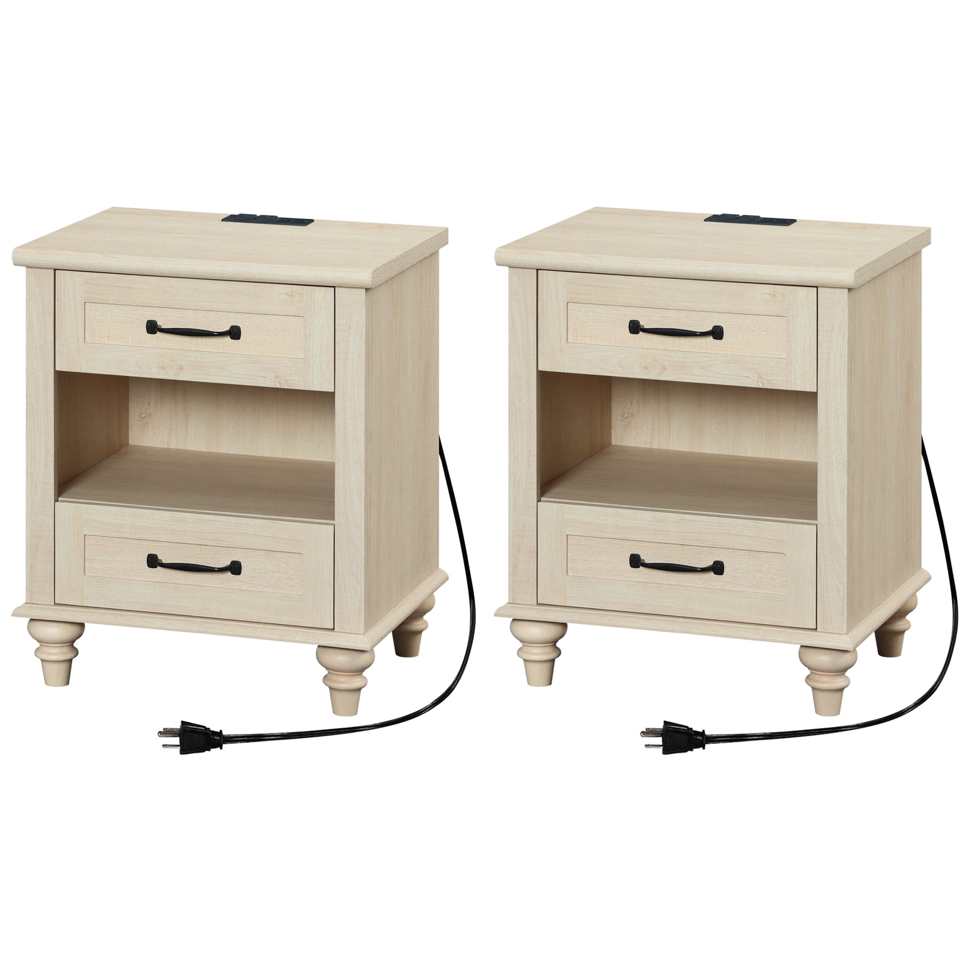 Set of 2 Side Tables with 2 Drawers, Beige End Table with Charging Station, Wooden Nightstand for Bedroom, Living Room