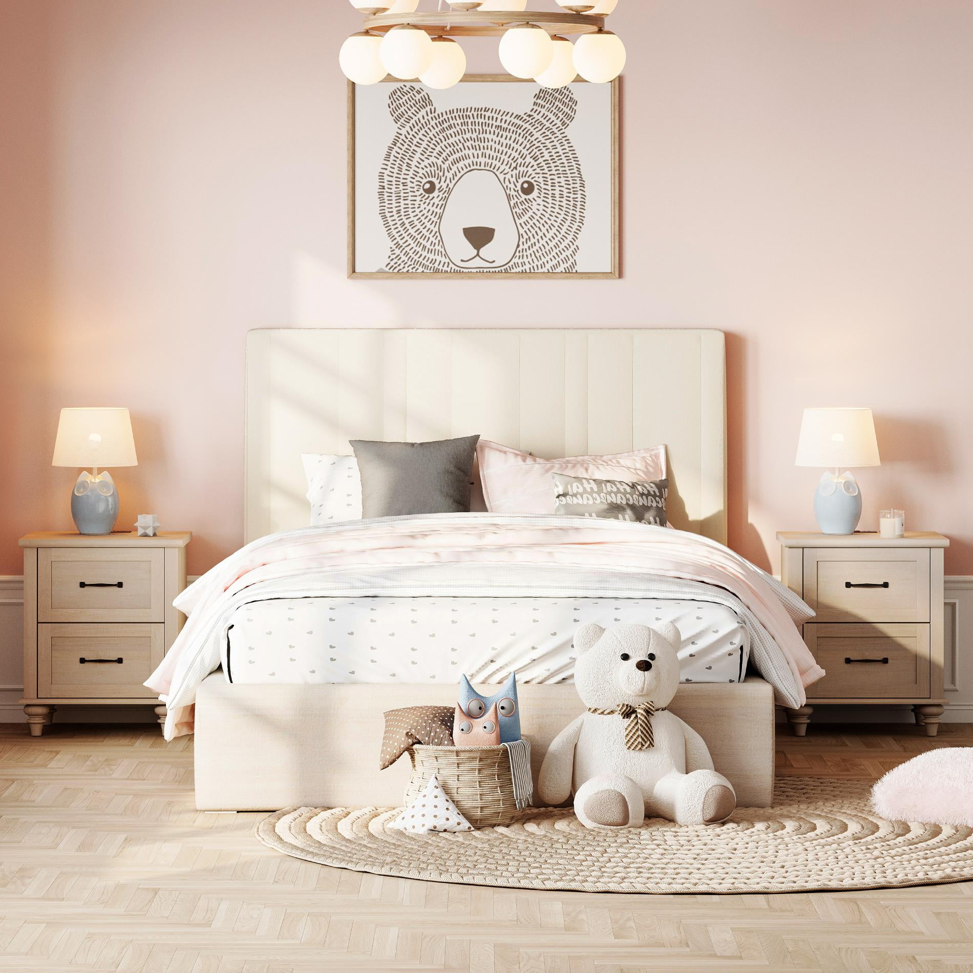 Set of 2 Side Tables with 2 Drawers for Bedroom, Beige End Table with Charging Station, Wooden Nightstand, Living Room