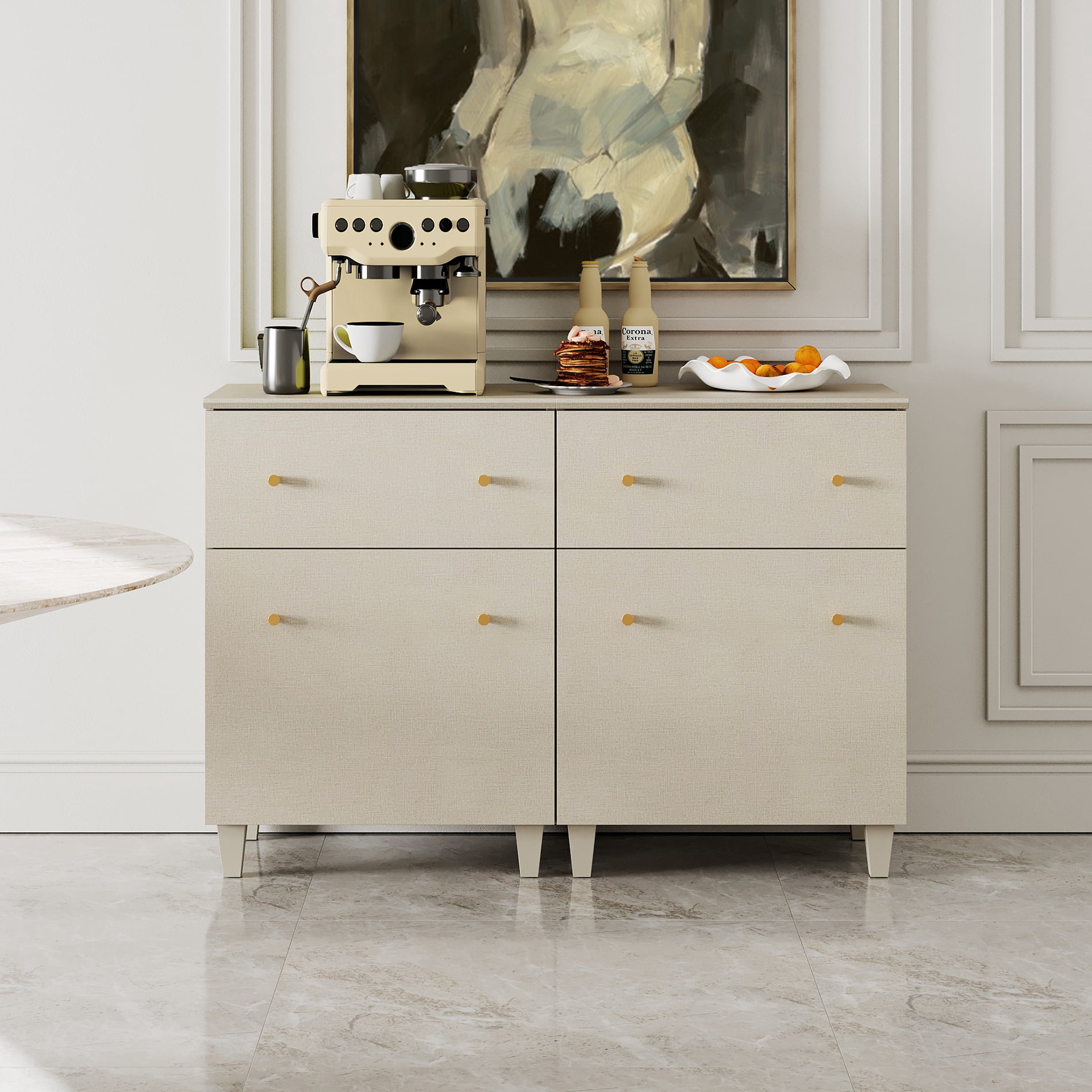 Set of 2 Sideboards with Drawer and Door for Living Room Kitchen, Beige Side Organizer Floor Cabinet with Adjustable Shelf, 32.4" H, 2 Packs