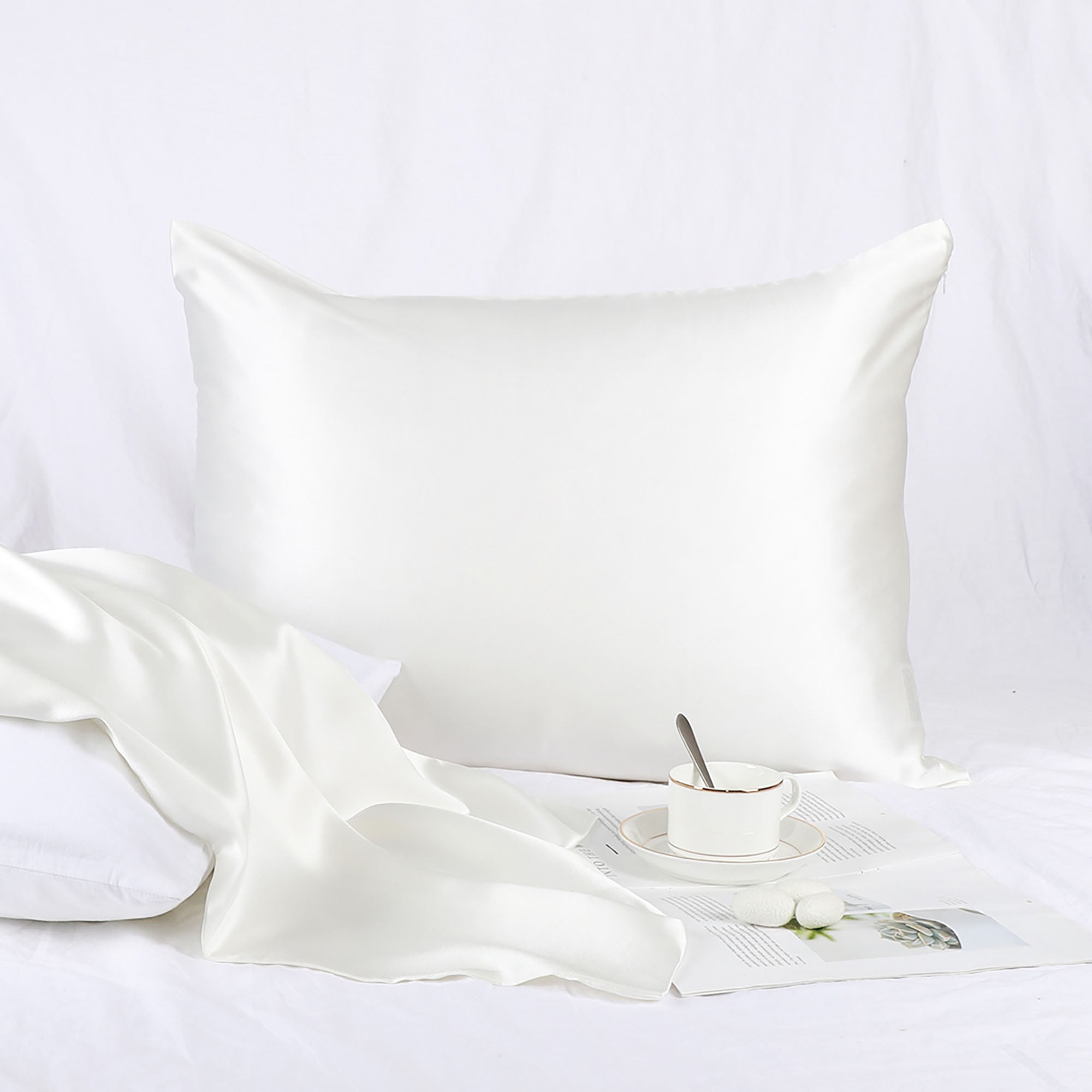 PiccoCasa Set of 2 Silk Pillowcase for Skin Both Sides 25 Momme Silk King White