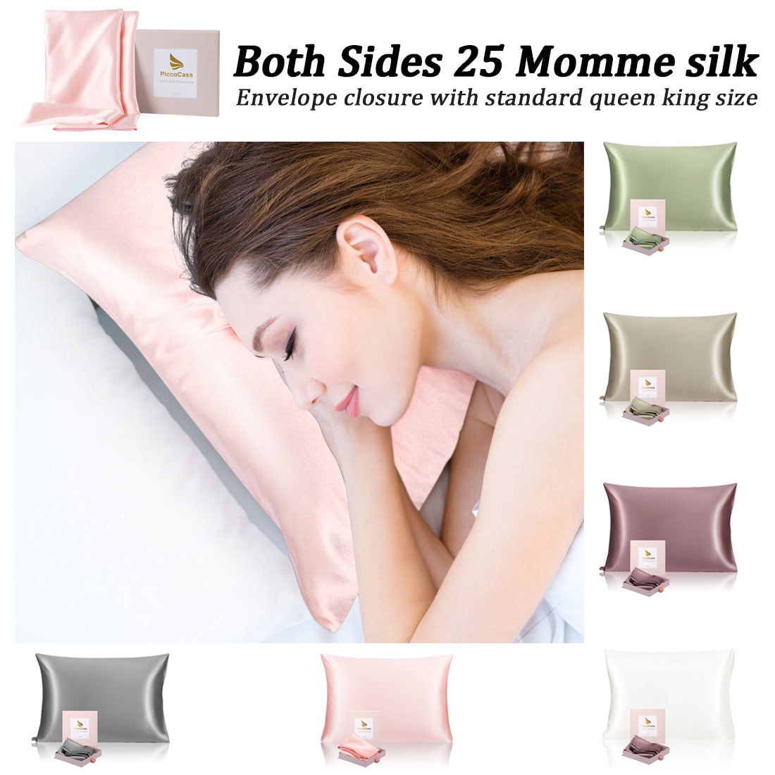 PiccoCasa Set of 2 Silk Pillowcases with Envelope Closure Standard Pink