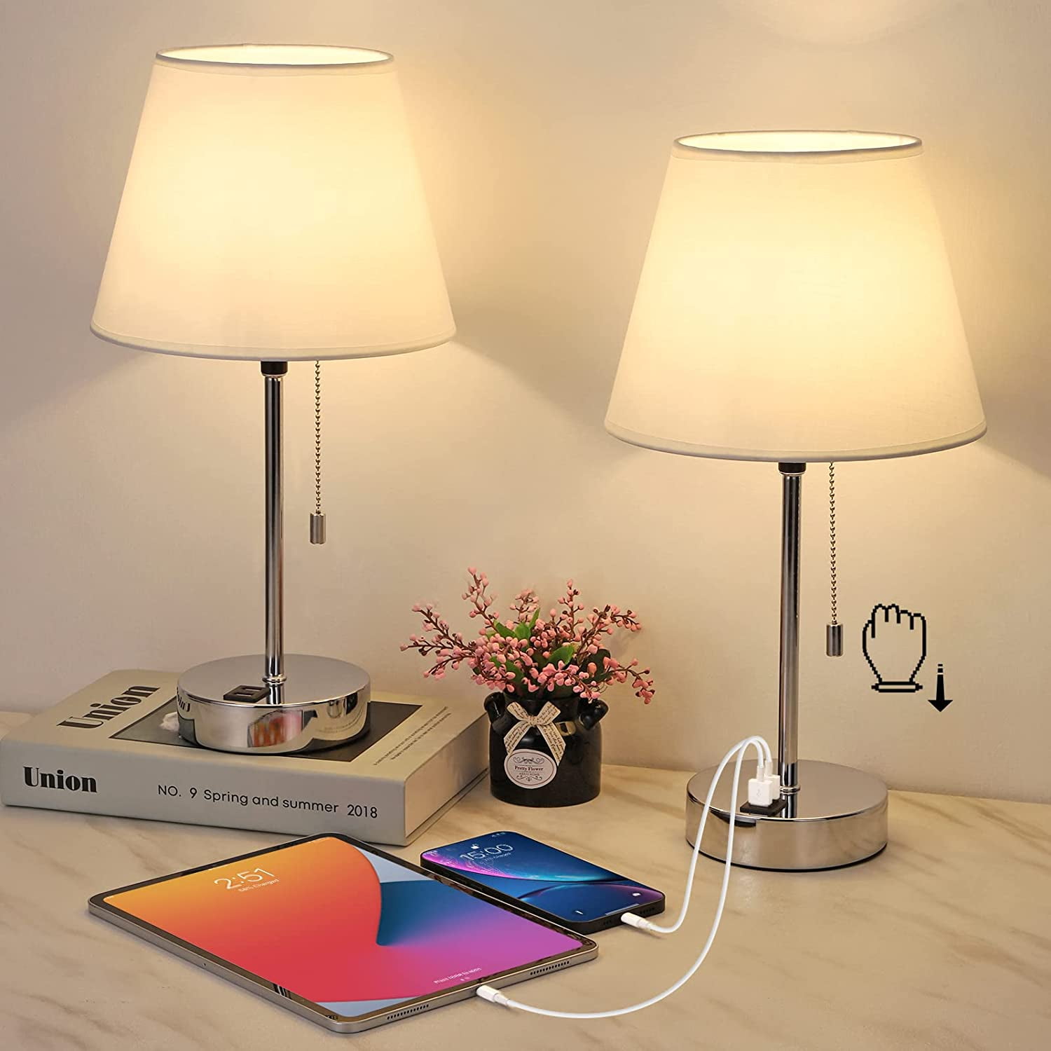 Set of 2 Silver Bedside Table Lamps with Convenient Dual USB Ports