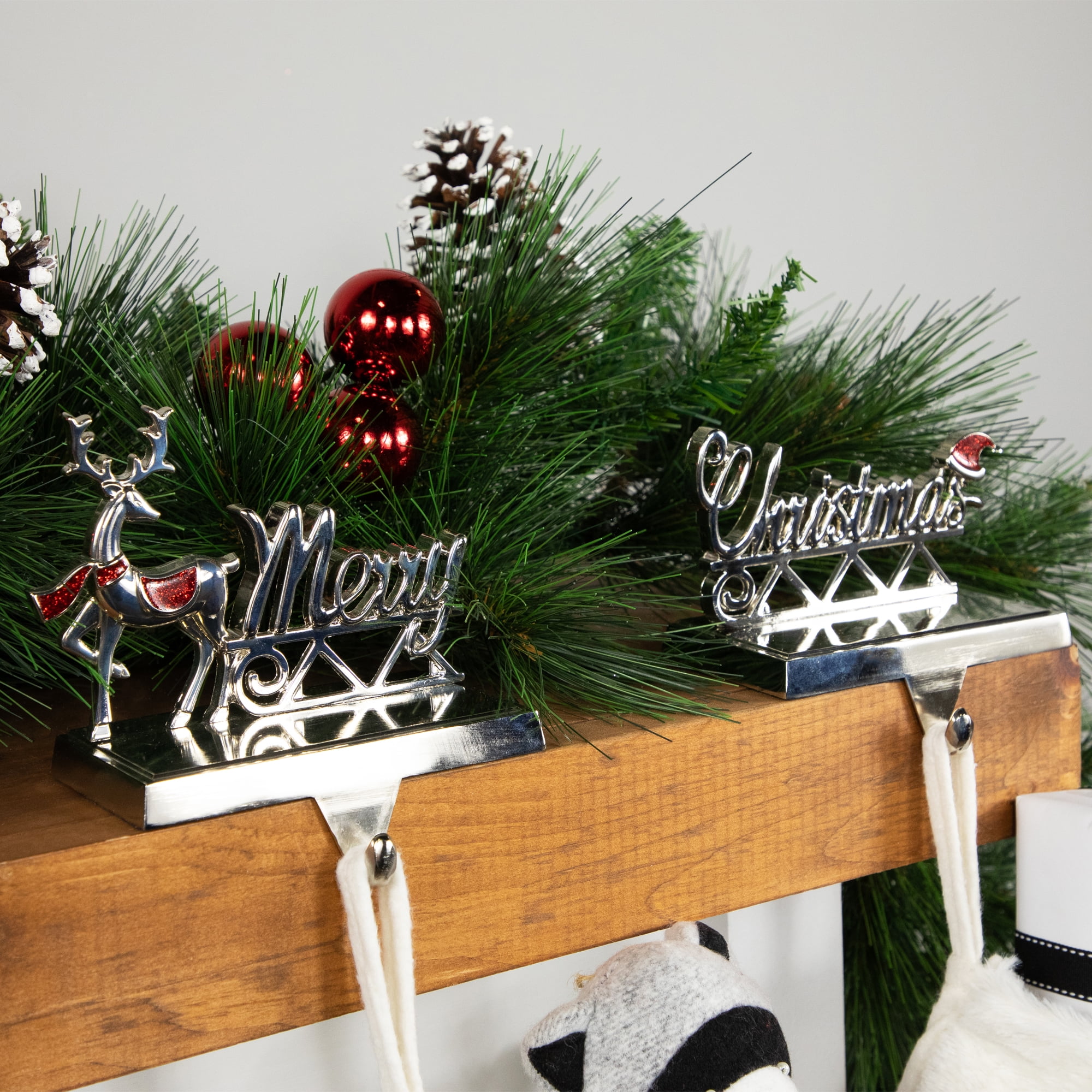 Set of 2 Silver Reindeer Merry Christmas Metal Stocking Holders 5.5 Walmart