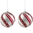 thumbnail image 1 of Set of 2 Silver with Red Glitter and Beads Striped Glass Christmas Ball Ornaments 4", 1 of 6