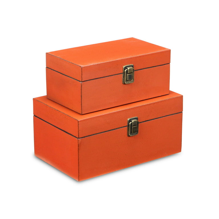 Set of 2 Simple Wooden Red Orange Treasure Box 