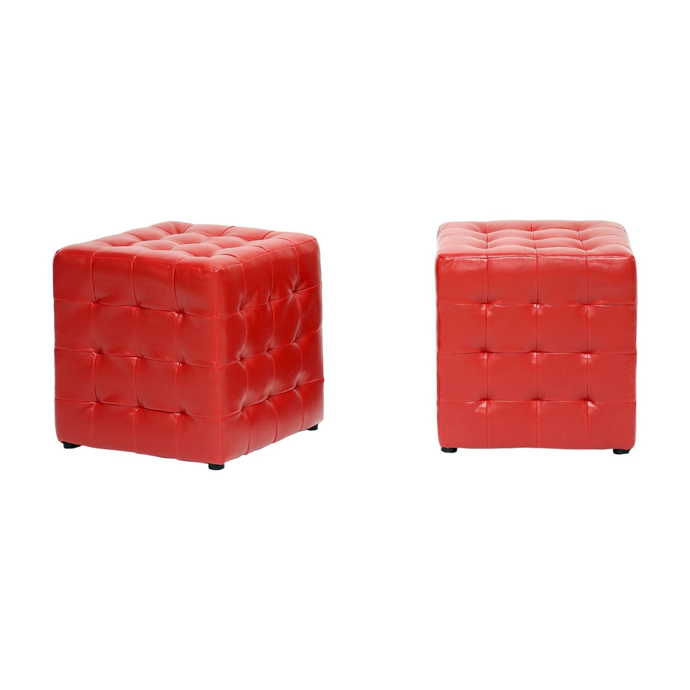 Chic Red Faux Leather Tufted Cube Ottoman Set of 2