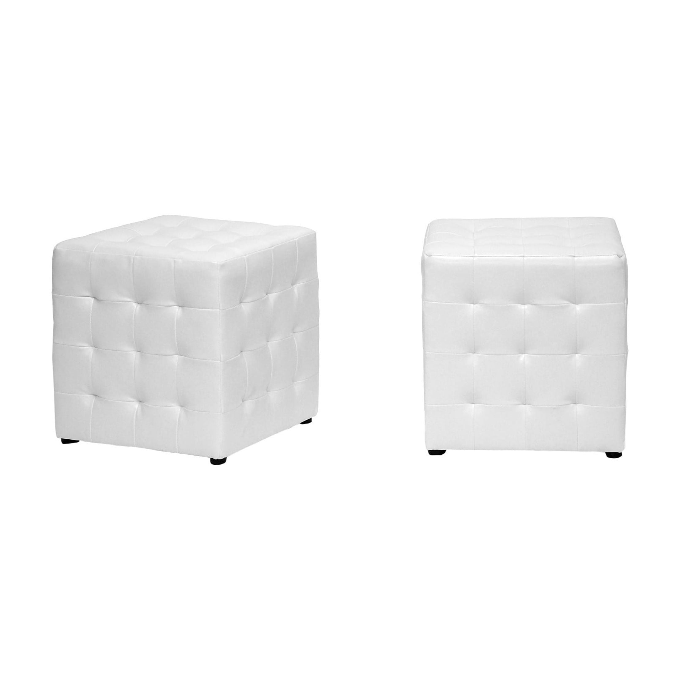 Chic White Faux Leather Tufted Cube Ottoman Pair