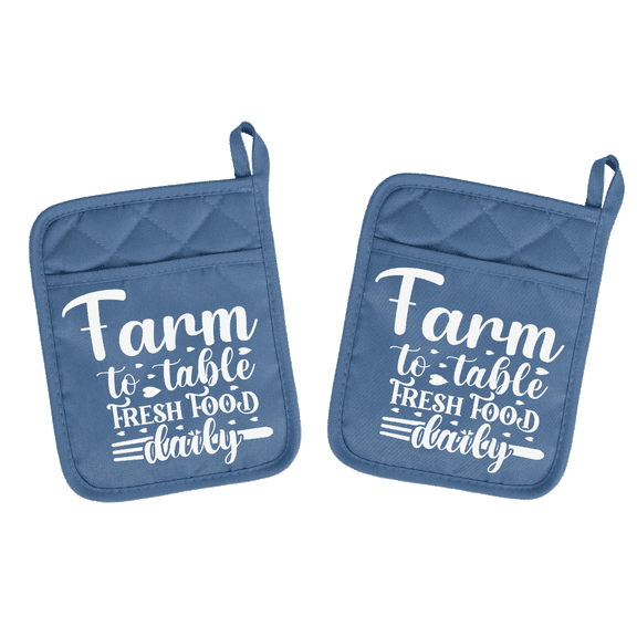Set of 2 Slate Blue Farm to Table Fresh Food Daily Pot Holder Oven Mitt Hot Pad Polyester & Neoprene 9" x 7" svg109