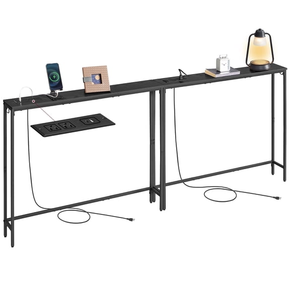 Set of 2 Slim Console Tables with Power Outlets - Behind Couch Sofa Tables with USB Ports & Hooks, Easy Assembly, Ebony Black