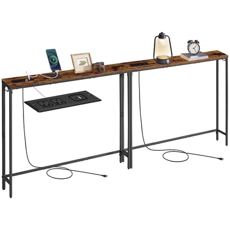 Set of 2 Slim Console Tables with Power Outlets - Behind Couch Sofa Tables with USB Ports & Hooks, Easy Assembly, Rustic Brown