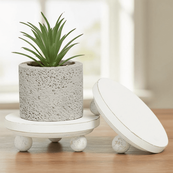 Set of 2 Small 5-Inch Round Wooden Display Risers, White Mini Pedestals for Home Decor, Shelf Decorations, and Showcasing Collectibles