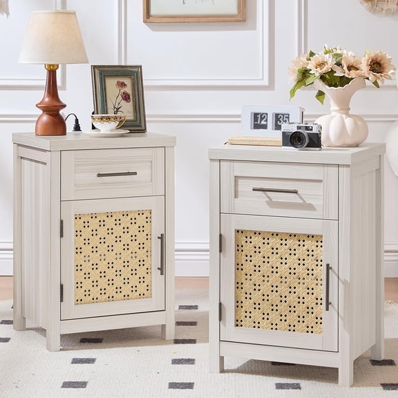 Set of 2 Small Boho Rattan Nightstands with Charging Station and Drawer, Grey-White Cream Oak Bedside End Tables
