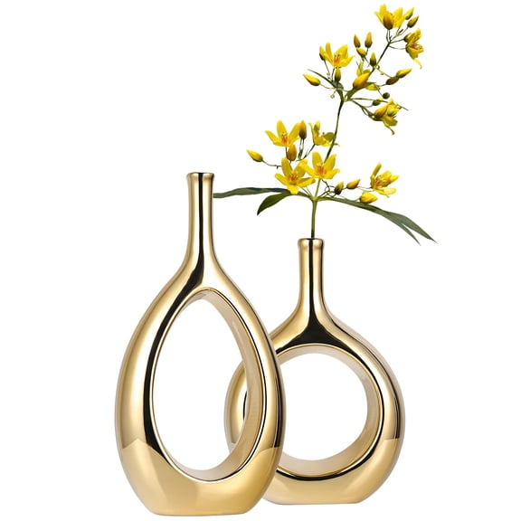 Set of 2 Small Gold Ceramic Vases Modern Decorative Table Centerpieces for Shelves, Fireplace Mantel, Entryway or Desk