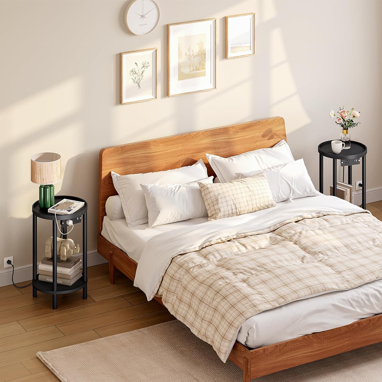 Set of 2 Small Round Side Tables with Charging Station, Bamboo End ...