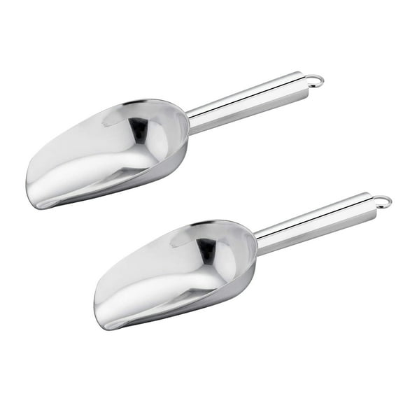 Set of 2 Small Stainless Steel Ice Scoops with Curved Head and Hanging Loop for Kitchen, Pantry and Party Use