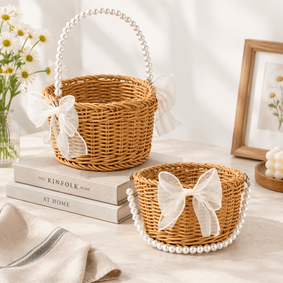 Set of 2 Small Wicker Rattan Baskets with Handle and Bow for Weddings, Easter and Storage