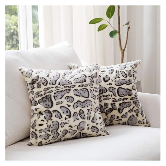 Set of 2 Snow Leopard Print Throw Pillows - Soft Faux Fur Decorative Couch Pillows, 18" x 18"