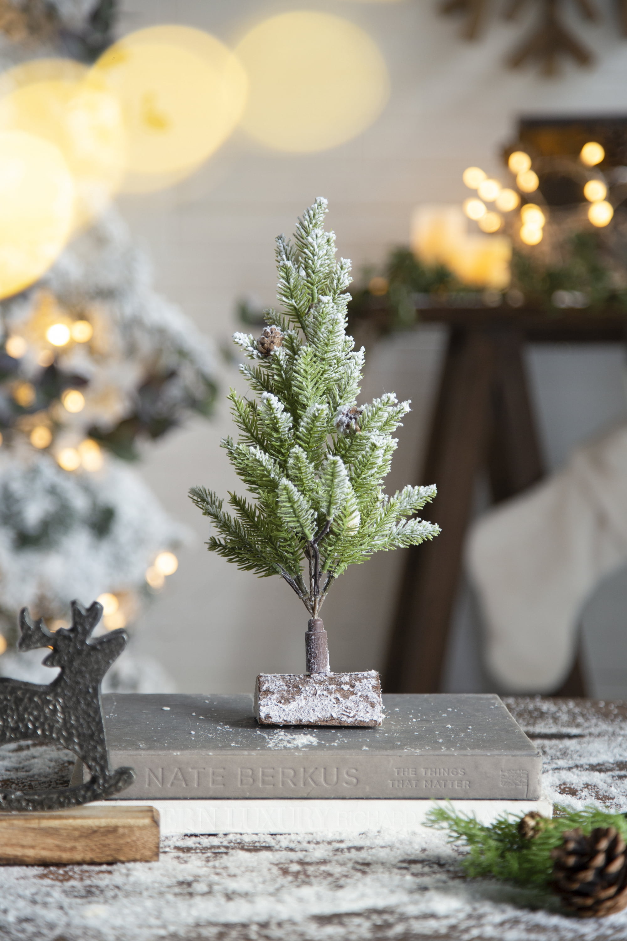 Set of 2 Snowy PVC Christmas Tree on Wood Base 13.5 Inch Tabletop Holiday Centerpiece Decor