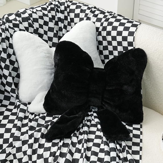 Set of 2 Soft Fleece Decorative Pillows with Bow for Home Decor (Black and White)