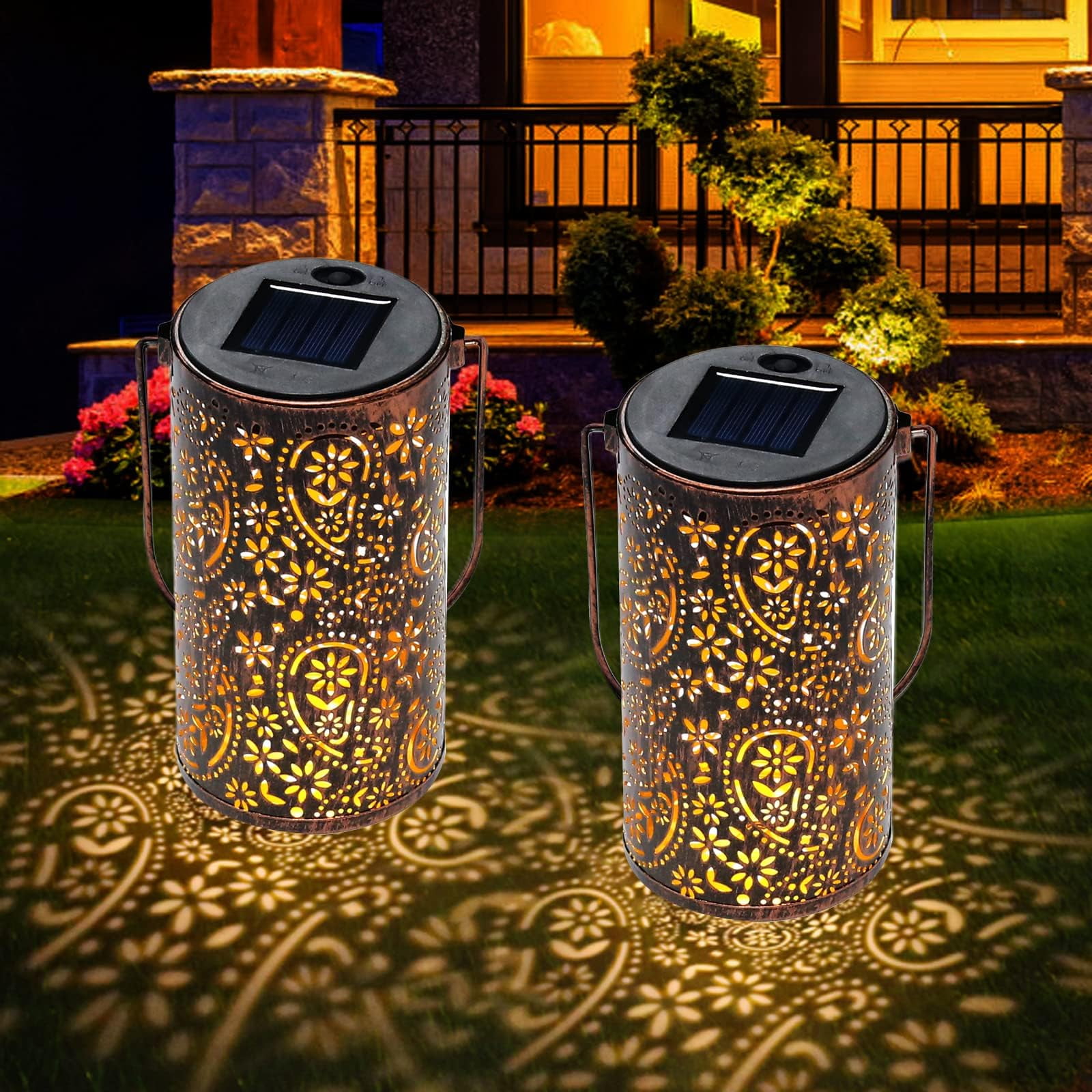Set of 2 Solar Lantern Lights with Circle Flower, IP44 Outdoor