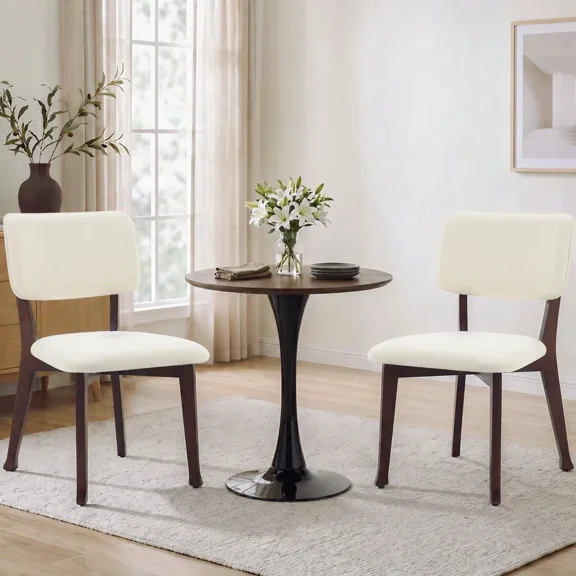 Mid Century Modern Dining Chairs Set of 2 Upholstered Dining Chair with Curved Back, Armless Fabric Kitchen Chair with Solid Wood Legs for Living Room, Kitchen, Beige