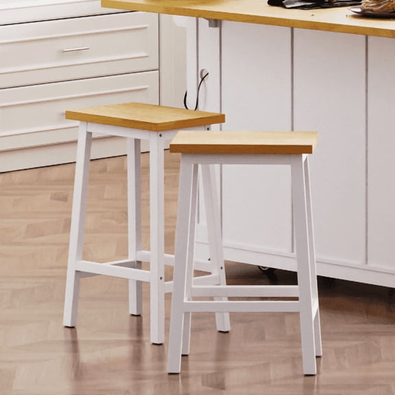Set of 2 Solid Wood Bar Stools, 25.6" Farmhouse Counter Stools with Footrests, Kitchen Stools A-Frame Legs for Dining Room Kitchen Counter, White