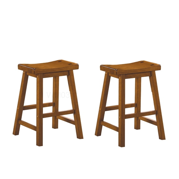 Set of 2 Solid Wood Counter Height Stools with Saddle Seat, 24 Inch Oak Finish Bar Stools for Kitchen