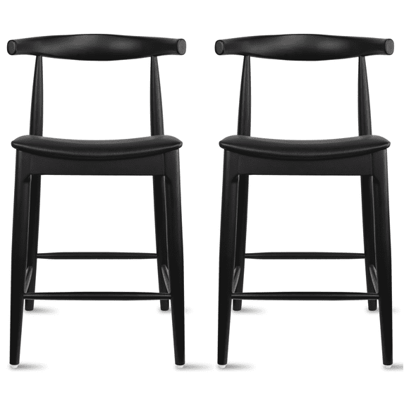 Set of 2 Solid Wood Farmhouse 25" Counter Stools with PU Cushion Leather Seat, Modern Accent Dining Elbow Chair Barstools, Black
