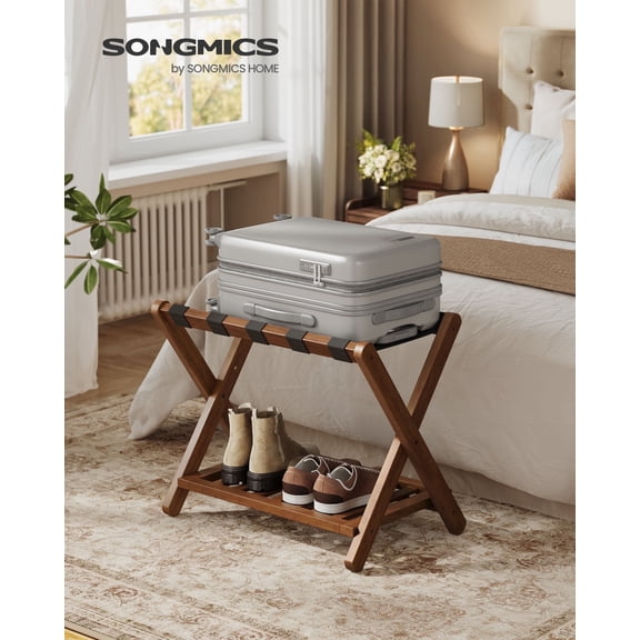 Set of 2 Solid Wood Luggage Racks No Assembly Foldable Suitcase Stands with Storage Shelf, 150 lb Capacity, Coffee Brown
