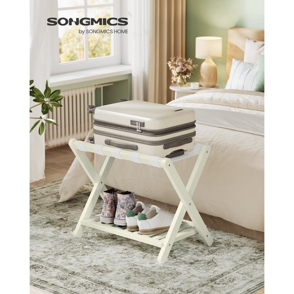SONGMICS Set of 2 Solid Wood Luggage Racks, No-Assembly Folding Suitcase Stands with Storage Shelf, 150 lb Capacity Each for Guest Room Hotel, Cream White