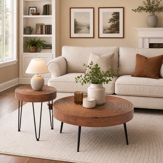 Set of 2 Solid Wood Round Coffee Table with Metal Legs, Farmhouse Nesting Coffee Table Center Table for Living Rooms,Brown