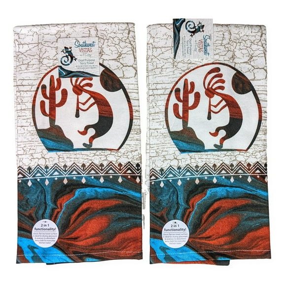 Set of 2 Southwest Vistas KOKOPELLI Terry Kitchen Towels by Kay Dee Designs