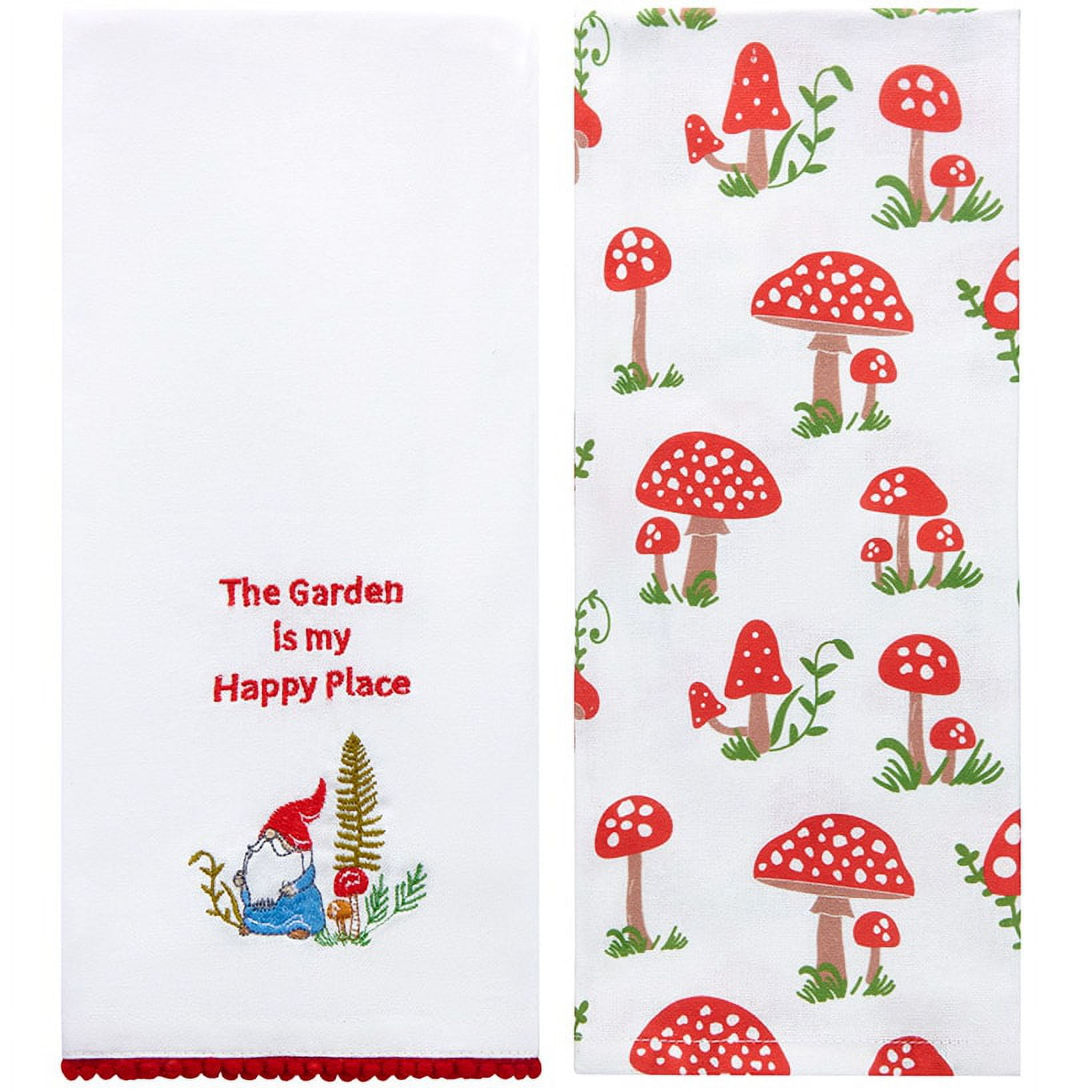 Set of 2 Spring Mushroom Embroidered Cotton Kitchen Towels