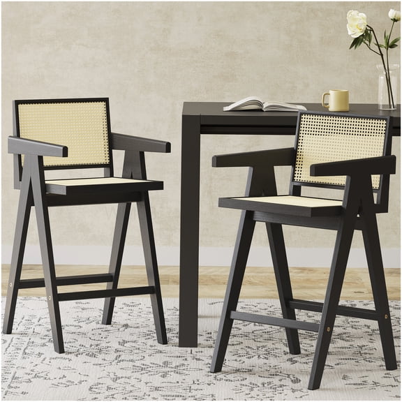 Set of 2 Square Backrest Bar Stools, Rubber Wood Frame with Woven Cane Seat, Modern Farmhouse Style