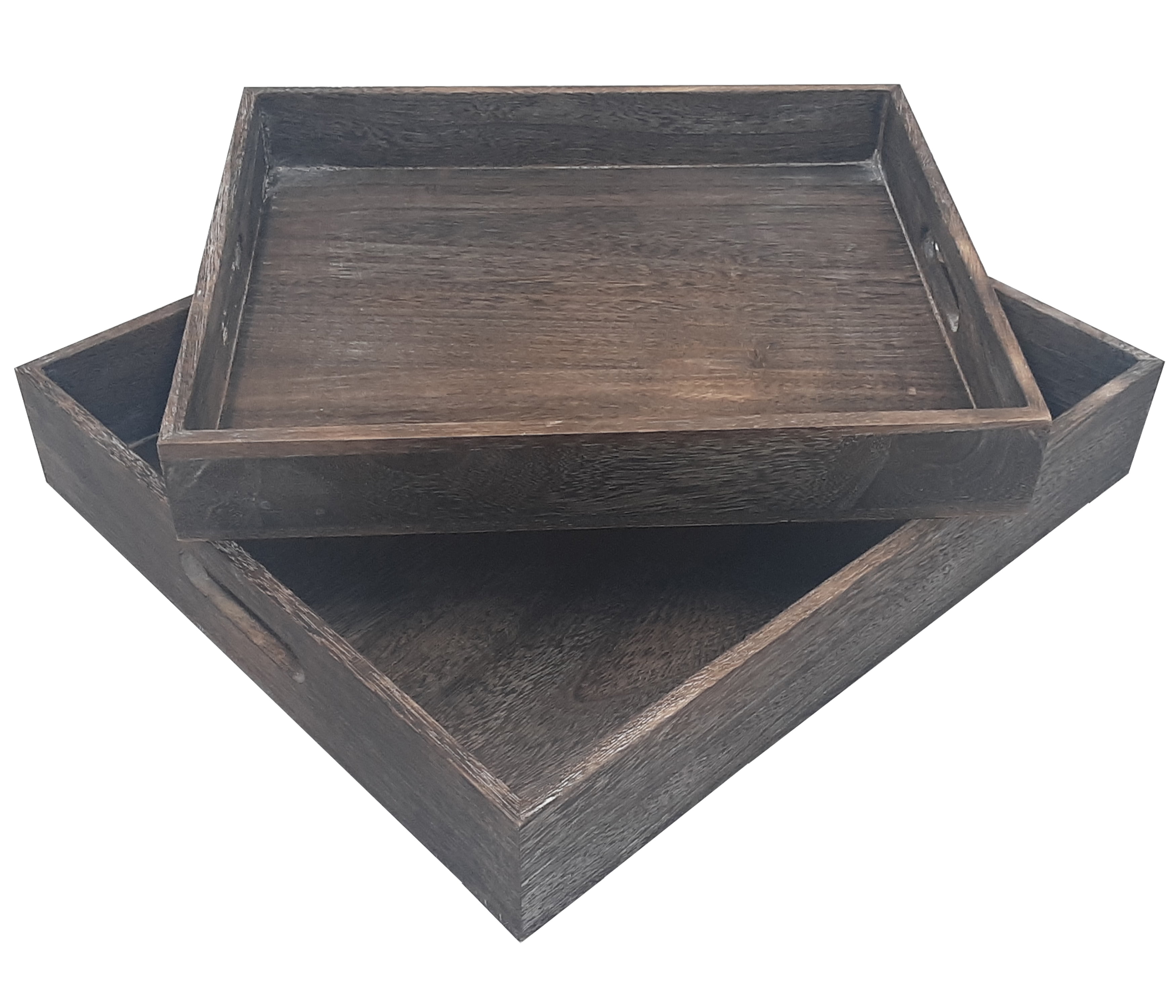 Set of 2 Rustic Dark Brown Wooden Serving Trays