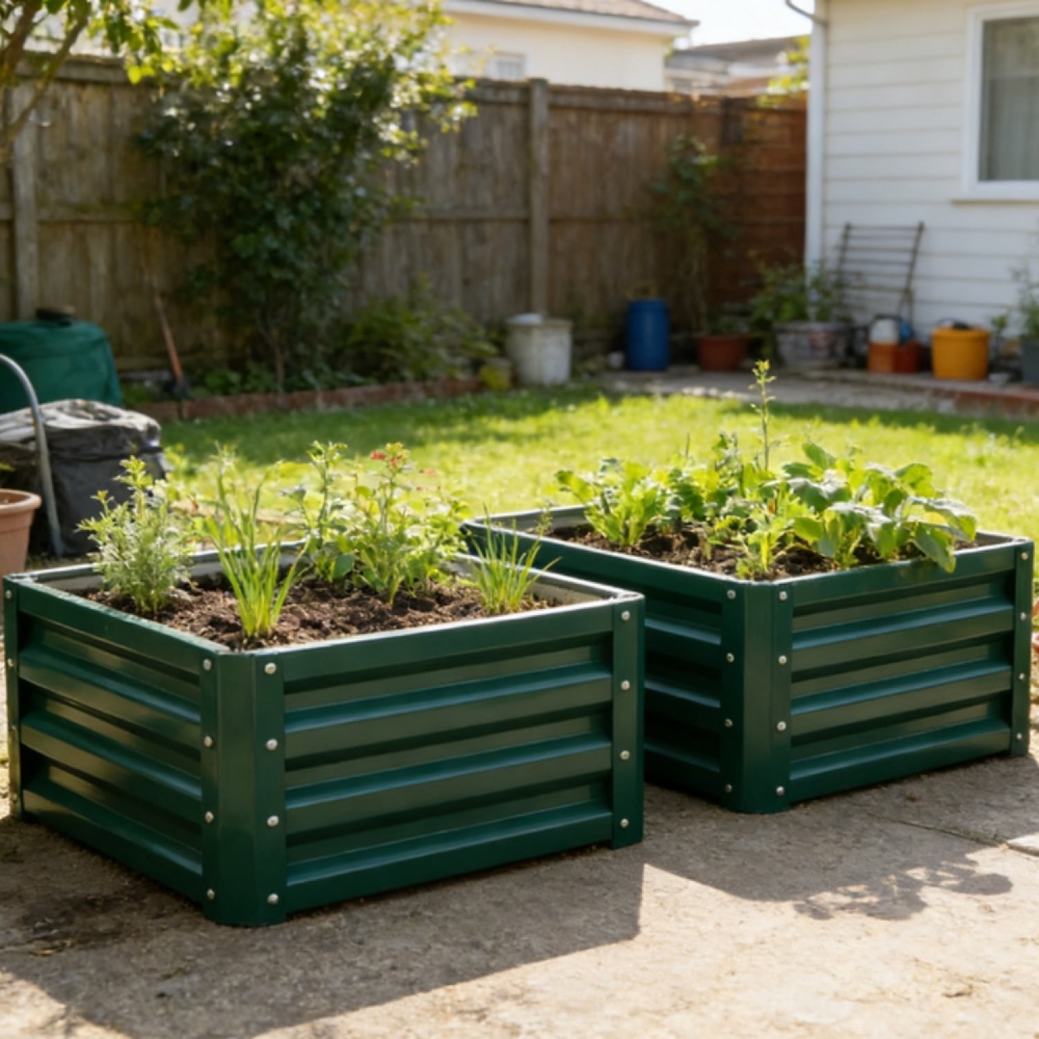 Set of 2 Square Metal Raised Garden Bed 23.5 x 23.5 x 12 Green Powder Coated Steel Planter Box for Vegetables Herbs Flowers