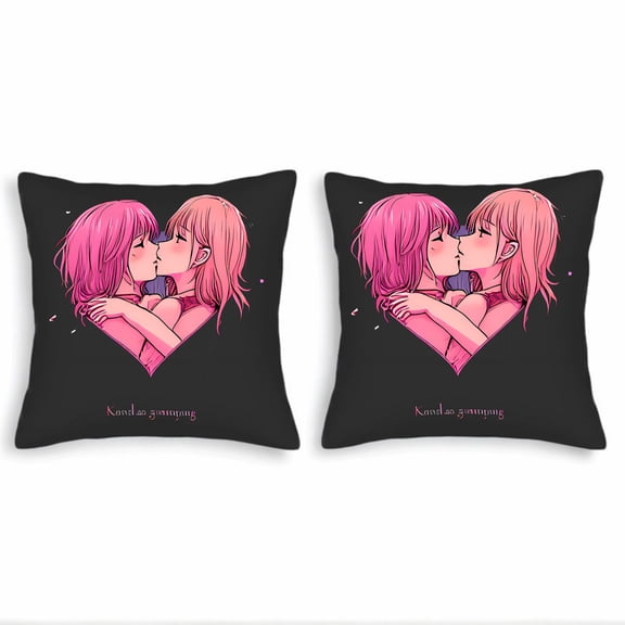 Set of 2 Square Throw Pillow Covers 18x18in - Anime Pink Hair Characters Embracing with Petals Perfect for Couch Bed or Car Decor