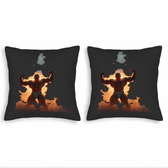 Set of 2 Square Throw Pillow Covers 18x18in - Bold Muscular Design with Fiery Abstract Background for Couch Bed or Car Decor