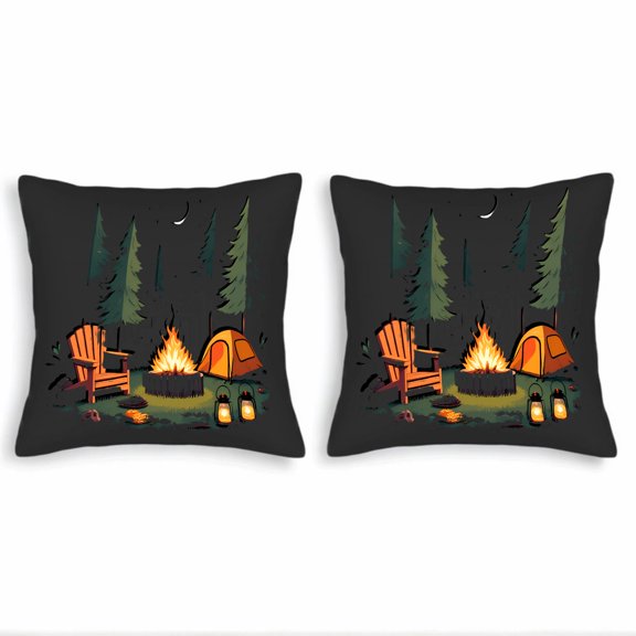 Set of 2 Square Throw Pillow Covers 18x18in - Cozy Camping Scene Design with Campfire Pine Trees & Moonlight - Perfect for Couch Bed Car