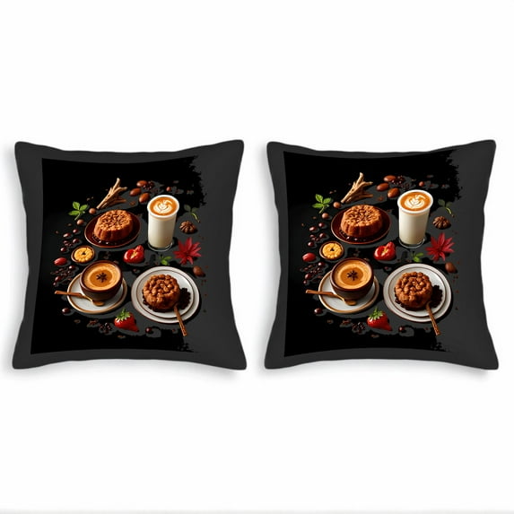 Set of 2 Square Throw Pillow Covers 18x18in - Cozy Coffee & Pastry Design for Couch Bed or Car - Perfect for Warm Inviting Decor