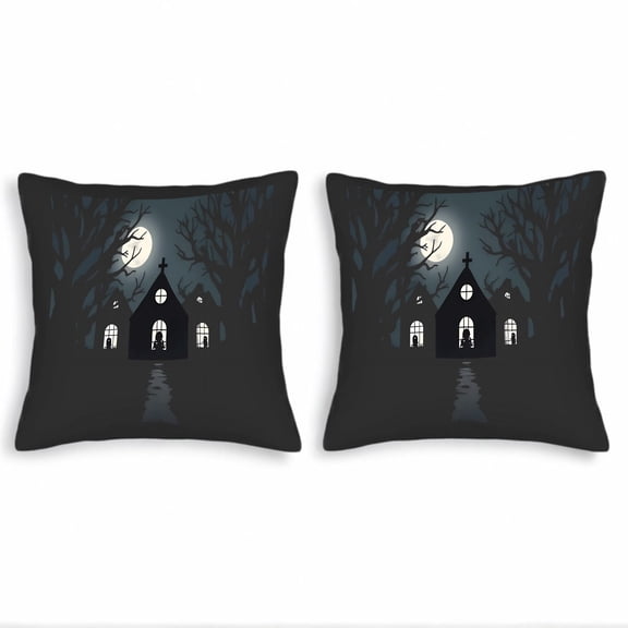 Set of 2 Square Throw Pillow Covers 18x18in - Dark Eerie Night Scene with Moonlight Design for Couch Bed Car Decor