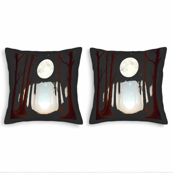 Set of 2 Square Throw Pillow Covers 18x18in - Enchanting Forest Night Design with Moonlight Glow Perfect for Couch Bed or Car