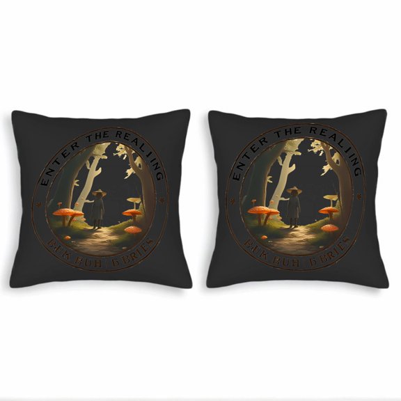 Set of 2 Square Throw Pillow Covers 18x18in - Forest Scene with Orange Mushrooms & Stylish Text Design for Couch Bed Car Decor