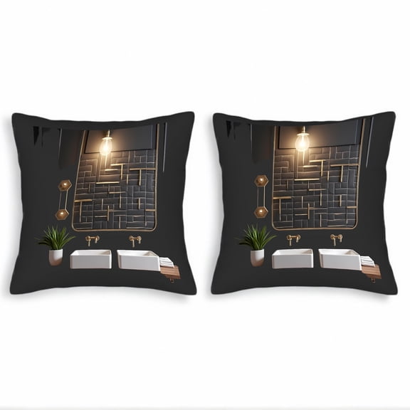 Set of 2 Square Throw Pillow Covers 18x18in - Modern Geometric Black and Gold Pattern Cushion Cases for Couch Bed Car - Minimalist Elegance