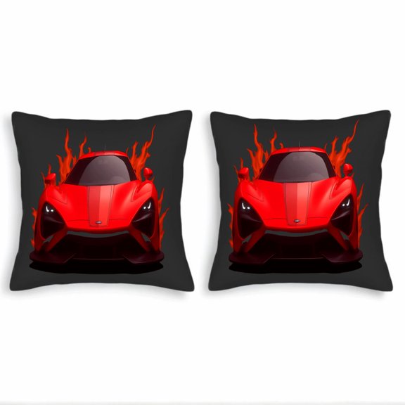 Set of 2 Square Throw Pillow Covers 18x18in - Modern Red Sports Car Design with Flames Perfect for Couch Bed or Car Decor