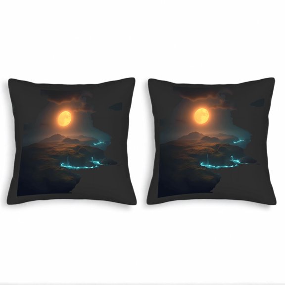 Set of 2 Square Throw Pillow Covers 18x18in - Mystical Night Landscape with Glowing Moon & Blue Streams - Perfect for Couch Bed Car