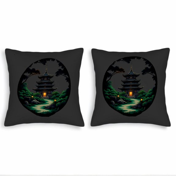 Set of 2 Square Throw Pillow Covers 18x18in - Serene Japanese Pagoda Design Cozy Warm Lights Perfect for Couch Bed or Car