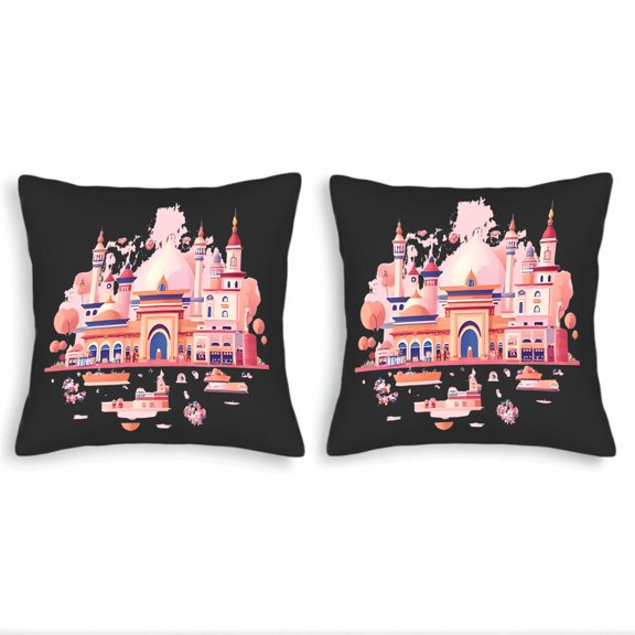 Set of 2 Square Throw Pillow Covers 18x18in - Stylish Mosque Design in Pink & Orange Perfect for Couch Bed or Car Decor